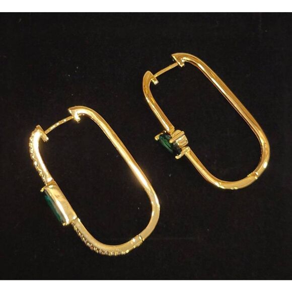 Rectangle Hoop Earrings 14K Gold Plated Sterling Silver Cubic Zirconia - Picture 4 of 5